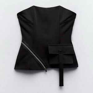 Zara Black Strapless Utility Corset Top with Cargo Pocket and Diagonal Zip Small
